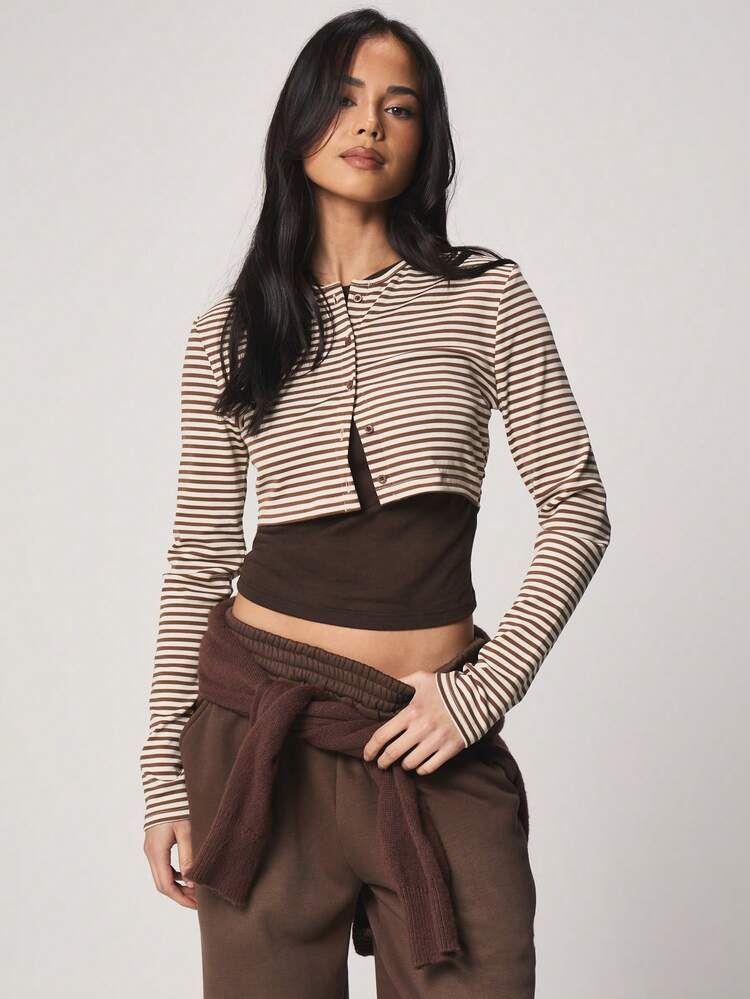 MISSGUIDED Double Layered Button Through Horizontal Striped Long Sleeve Crop Top Fall Winter Essential