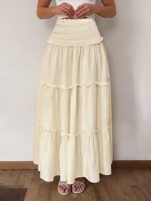 Glamine 腰部褶皱拼接蛋糕裙喇叭裙，休闲日常度假裙 - 黃色 - 查看 5