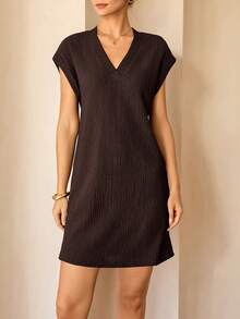 Lymera Women's V-Neck Lace Texture Jacquard Casual Mini Dress, Popular Color, Spring/Summer - Rust Brown - View 6