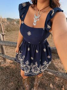 Ceyna Short Embroidered Cap Sleeve Casual Vacation Dress - Navy Blue - View 7