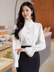 DAZY Áo kiểu nữ thanh lịch màu trơn ren tay phồng, tay dài, thích hợp mặc mùa xuân/hè, dự tiệc cưới. - Màu be - Xem 6