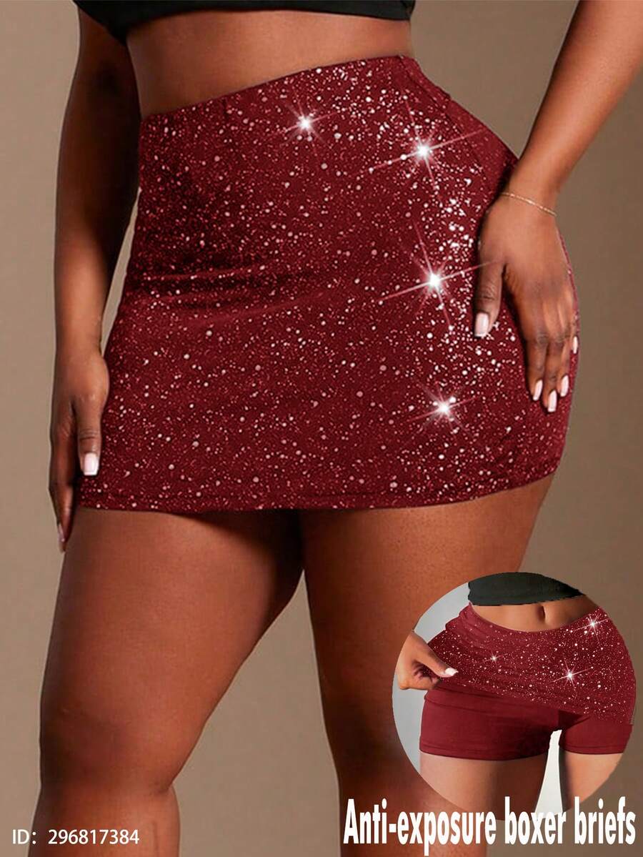 SHEIN SXY 大码女式纯色基础款酒红色亮银色波点性感休闲迷你修身连衣裙（含打底裤），春季女装 - 酒紅色 - 查看 1