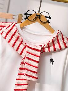 SHEIN Girls Oversized Hoodie + Striped Wide Leg Pants Set, Suitable For Spring And Autumn - Red - View 3