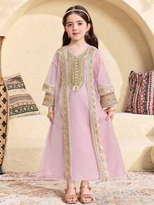 SHEIN Conjunto de 2 piezas de niña joven con abrigo de malla con contraste de cinta dorada y vestido de cuello en V - Rosa - Ver 7