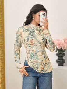 Modelyn Women's Elegant Floral Print Asymmetrical Neck Ruffle Fitted T-Shirt, Vacation Style Women Long Sleeve Tops Longsleeve Tops Aesthetic Tops Western Tops Summer Long Sleeve Tops - Multicolor - View 5