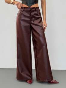 SHEIN Tall 女士纯色PU皮革口袋阔腿宽松裤 - 棕色 - 查看 9
