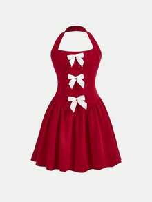 Firerie Kids Đầm ngắn dáng chữ A phối màu đỏ, dây mảnh, ôm eo, xòe nhẹ, dành cho bé gái tuổi teen, thích hợp mặc đi học, dự tiệc Valentine, thanh lịch, dễ thương, màu trắng điểm nơ, dây mảnh, thích hợp mặc đi học. - Đỏ - Xem 3