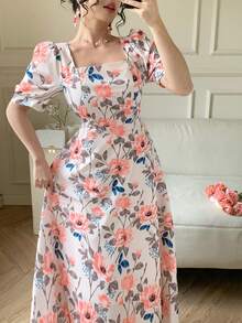 DAZY Women's Elegant Floral Print Square Neck Puff Sleeve Dress, Summer Wedding Guest Dress - Pink - View 7