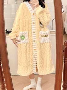 Women's Thick Fleece Bathrobe & Sleepwear Set, Autumn/Winter Women's Warm Winter Robe, Cute Sleepwear, Long Sleeve Bathrobe, Sleepwear,Bathrobe Women, Bathrobe, Bathrobes For Women, Back To School Outfit, - Multicolor - View 4