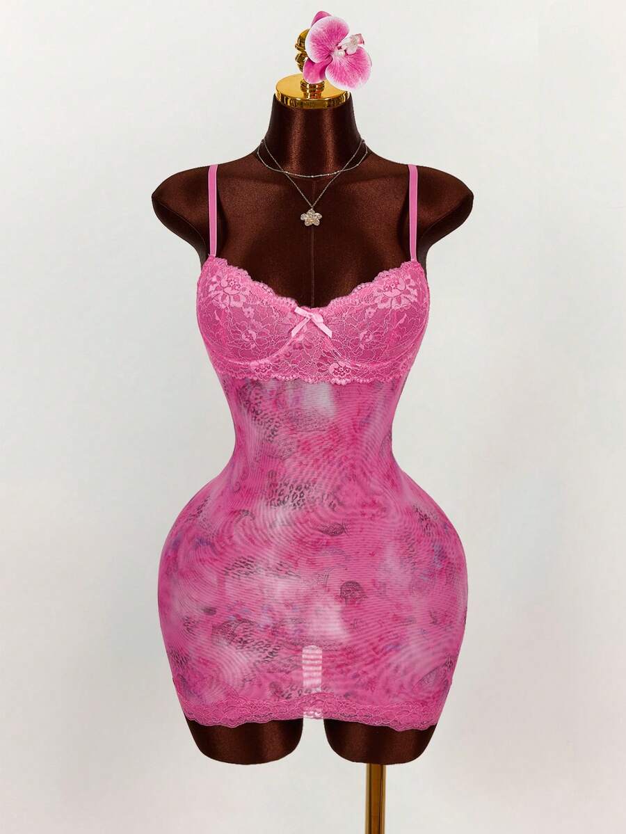 Amplova Lace Cup Detail Tropical Floral Mesh Bodycon Mini Dress - Multicolor - View 1