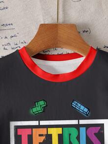 Tetris™ X SHEIN 男童字母图案撞色滚边圆领短袖T恤 - 白色 - 查看 5