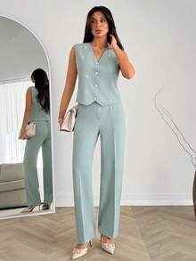 EURMUSE Women Rhinestone Detailed Two Pieces Vest And Pant Suit Sets - Mint Green - View 4