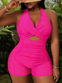 Slaydiva Plus Size Women's Fuchsia Deep V Neck Hollow Out Ruched One-Piece Swimsuit, Beach Vacation Curve Bathing Suit Set Bathing Suits For Women Pink Sexy One Piece Swimsuit For Women Two Piece Women Sets Sexy - Hot Pink - View 1