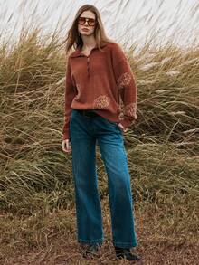 Florisole Women's Thick Jacquard Pattern Knitted Pullover Sweater With Button Decor, Casual Base Layer For Autumn/Winter - Camel - View 8