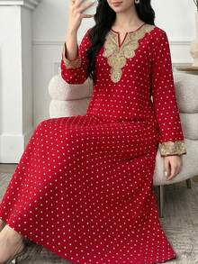 SHEIN Red Polka Dot Woven Print Pattern Robe For Teen Girls, Casual, Vacation, Daily Wear, Modest Arabic Jalabiya Style,Kids - Red - View 3