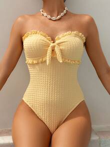 Swim Mod 女士优雅清新柠檬黄纹理抹胸连体泳衣，配有可拆卸肩带，2026 款显瘦收腹高衩泳衣，正面饰有荷叶边和系带细节，休闲可爱荷叶边沙滩装，适合春夏度假和泳池派对穿着 - 黃色 - 查看 5