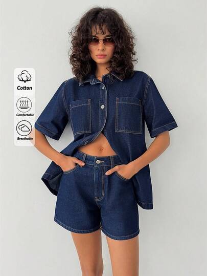 EURMUSE Women's Casual Denim Outfit With Collar, Single-Breasted, Pockets, Short Sleeve Top And Shorts For Daily Wear