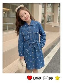 SHEIN Girls' Spring & Autumn Lapel Long Sleeve Fashionable Western-Style Washed Denim Dress, Suitable For Attending Friend Gatherings, Traveling, And Leisure Wear - Blue - View 6