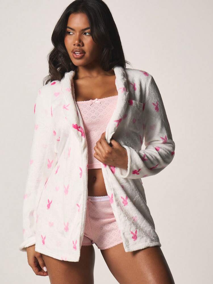 Missguided x Playboy Print Fleece Hooded Robe With Belt Long Sleeve Winter Loungewear Cozy Sleepwear For Valentine's Day