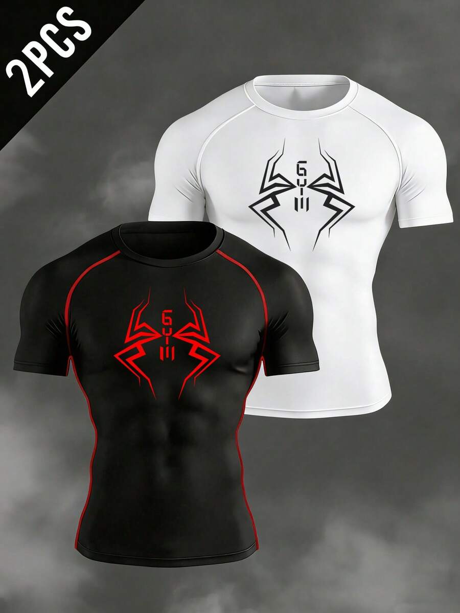 Manfinity Sport Corelite 男士蜘蛛印花修身圆领短袖运动T恤压缩衣 - 黑色 - 查看 1