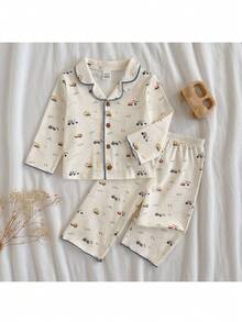 Loomiva 2件套男婴卡通汽车图案翻领长袖开衫衬衫和松紧腰裤套装 - 藍白色 - 查看 8