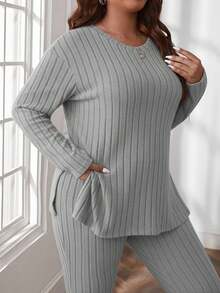 EURMUSE Plus Size Comfortable Knit Ribbed 2 Pieces Set - Light Grey - View 6