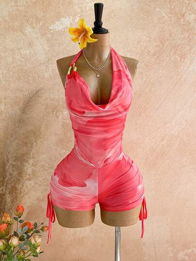 Soleia 女士复古渐变印花网纱金属装饰层叠荷叶边深V领连体裤，性感显瘦时尚，适合派对、约会、情人节、狂欢节、复活节、西部牛仔风、邮轮旅行、假日、海滩、音乐节、波西米亚风度假等场合，四季皆宜。