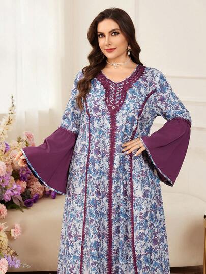 Al Najma Plus Size Women Elegant Floral Print Patchwork Loose Long Casual Cardigan, Spring/Autumn