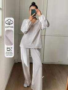 DAZY Minimalist Twist Design Knit Loose Women Pajama Set - Light Grey - View 4