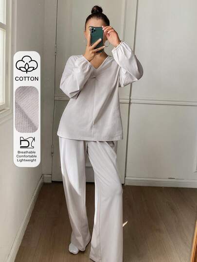 DAZY Minimalist Twist Design Knit Loose Women Pajama Set