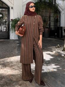 DAZY Women's Elegant Striped Oblique Collar Slit Long Shirt And Wide Leg Pants 2 Pieces Set, Spring/Summer - Coffee Brown - View 3