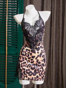 SilkySpell Sexy Women's Sleeveless Leopard Print Mini Nightgown With Contrast Lace Semi-Sheer Knitted Fabric - Brown - View 6