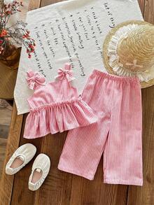 SHEIN LMoss Kids 女婴夏季可爱红色条纹吊带背心和松紧腰裤套装 - 紅色 - 查看 5