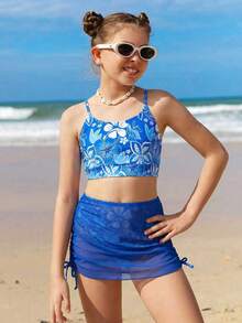 1 Set Of 3 Pieces Girls' Swimwear: Printed Random Blue Camisole Top And Shorts, Plus Solid Blue Chiffon Cover-Up Skirt, With Navy Tropical Floral Pattern, Featuring Sweet Style. Suitable For Summer, Swimming And Beach Activities Tween Girl Summer Clothes Tween Summer Cloths Tween Summer Clothes Girls Summer Holiday Girls Big Kids Blue Floral Print 3-Piece Swimsuit Tankini Set With Ruffle Skirt Quick Dry Bathing Suit For Beach Pool Vacation Girls' Swimsuit Set