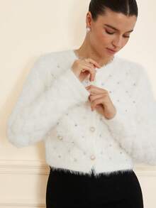 Aveloria Rosie Cárdigan de mujer elegante con cuello en V, adornado con strass y patrón de diamantes - Multicolor - Ver 1