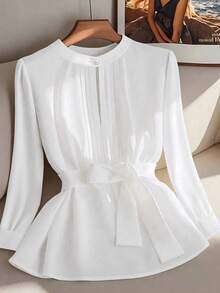 GlowEve CURVE Áo sơ mi trơn màu thanh lịch cỡ lớn có thắt lưng - trắng - Xem 1