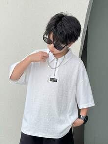 SHEIN 男童休闲撞色拼接Polo领短袖衬衫，适合通勤、上学、日常休闲穿着、运动、春夏季节，白色衬衫，Y2K风格套装，适合春夏秋季节、外出、情人节、约会、新年、旅行、度假、家庭聚会、返校季、婚礼季、正式晚宴、健身等场合。 - 卡其色 - 查看 6