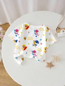 BABY SHARK X SHEIN Áo thun ngắn tay cổ tròn họa tiết hoạt hình mùa hè cho bé gái - trắng - Xem 2