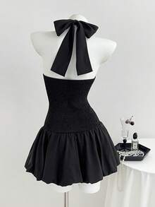 Elamini Vestido mini con cordón en la cintura, cuello halter, espalda descubierta, fruncido y volantes en el bajo, en color negro. Elegante y vintage, ideal para vacaciones, uso diario y versátil. Para mujer, primavera/verano - Negro - Ver 2