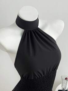 Elamini Vestido mini con cordón en la cintura, cuello halter, espalda descubierta, fruncido y volantes en el bajo, en color negro. Elegante y vintage, ideal para vacaciones, uso diario y versátil. Para mujer, primavera/verano - Negro - Ver 6