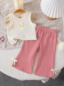 SHEIN Playful Pals Bộ đồ mùa hè cho bé gái, gồm áo tank top và quần dài chất liệu dệt họa tiết, kiểu dáng thường ngày. - Hồng - Xem 1