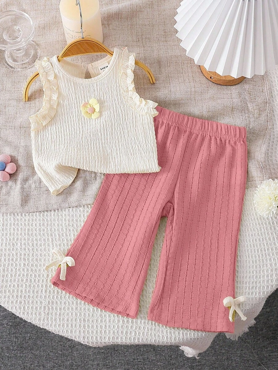 SHEIN Playful Pals Bộ đồ mùa hè cho bé gái, gồm áo tank top và quần dài chất liệu dệt họa tiết, kiểu dáng thường ngày. - Hồng - Xem 1
