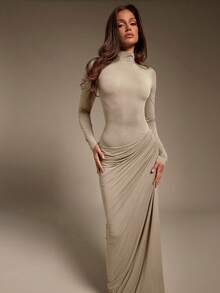 Hauture Vestido largo de manga larga con cuello alto, fruncido y asimétrico de jersey elástico y ajustado para mujer - Albaricoque - Ver 3