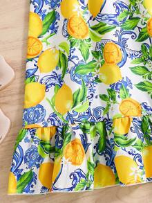 SHEIN 女童清新柠檬多色印花吊带荷叶边下摆休闲度假连衣裙 - 黃色 - 查看 4