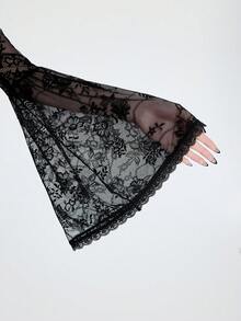 Breakform Women's Gothic Sexy Elegant Round Neck Hollow Metal Cross Decor Velvet Contrast Lace Flare Sleeve Crop Top