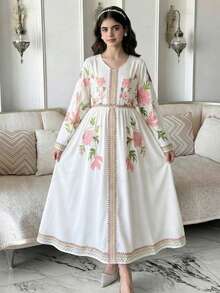 1pc Girls' Elegant Modest White And Pink Dress With Middle Eastern Details - White - View 10