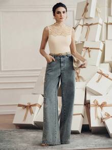 Anewsta Top sin mangas de mujer con cuello alto simulado y parches de encaje en color albaricoque - Albaricoque - Ver 4