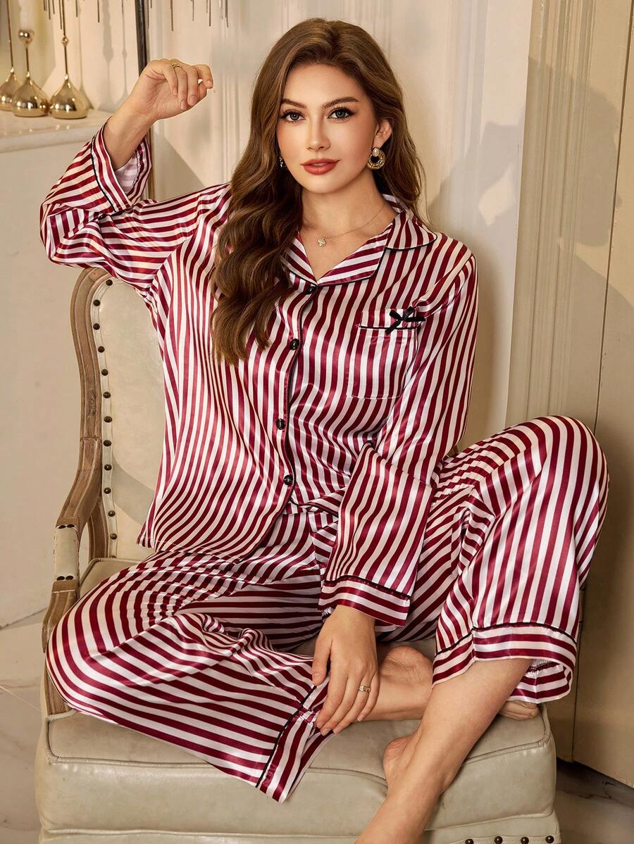 MuseNap CURVE Bộ đồ ngủ cỡ lớn in sọc, tay dài và quần, thích hợp mặc ở nhà. - Đỏ và trắng - Xem 1