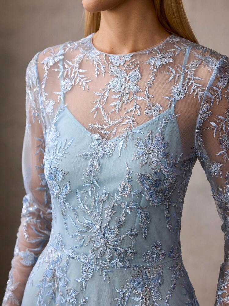 MOTF Soiréza Abito da sera lungo in tulle ricamato con paillettes per donna