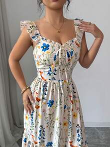 SHEIN Elenzya 女士方领蝴蝶袖连衣裙，时尚印花，露背腰带设计显瘦，优雅度假风，适合夏季日常、通勤、约会、晚餐等场合，百搭连衣裙 - 彩色 - 查看 3